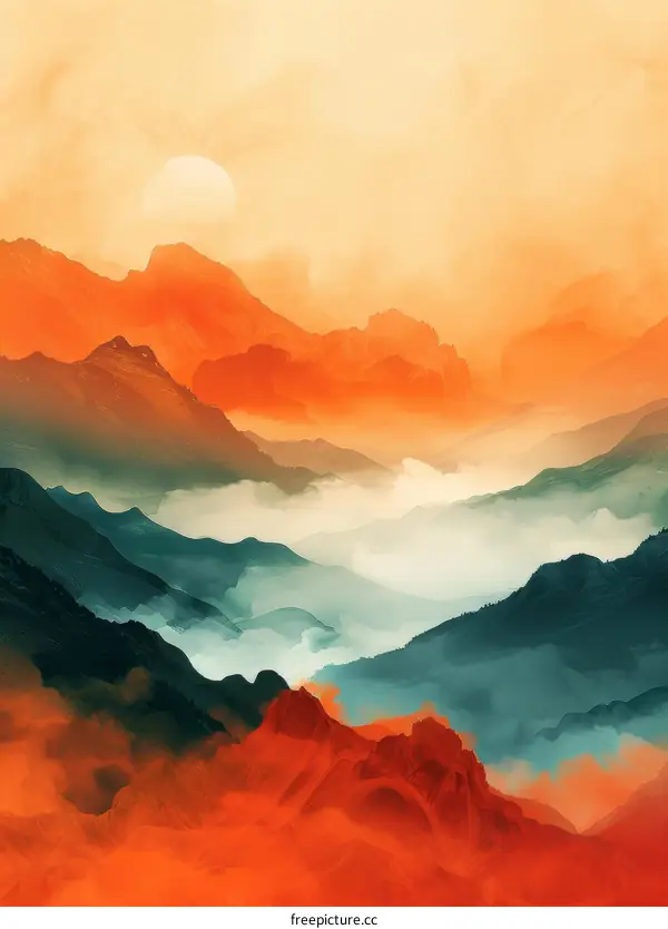 Misty mountains in the setting sun