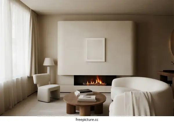 Modern Living Room with Cozy Fireplace and Minimalist Furniture