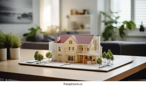 A model house sits on a table in a living room.