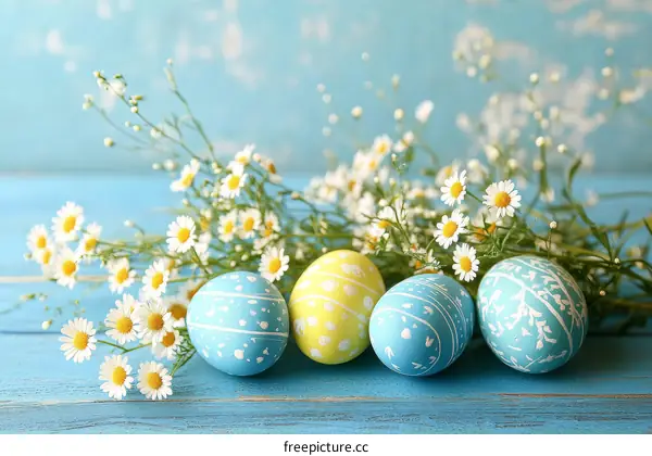 Easter Eggs Decorated with Flowers on Wooden Table