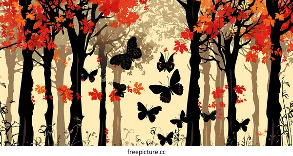 Autumn Forest Silhouette With Black Butterflies