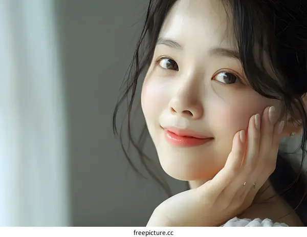 Beautiful Asian Woman with Long Hair Smiling Softly