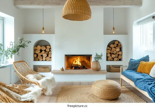 Cozy Living Room with Fireplace and Woven Furniture