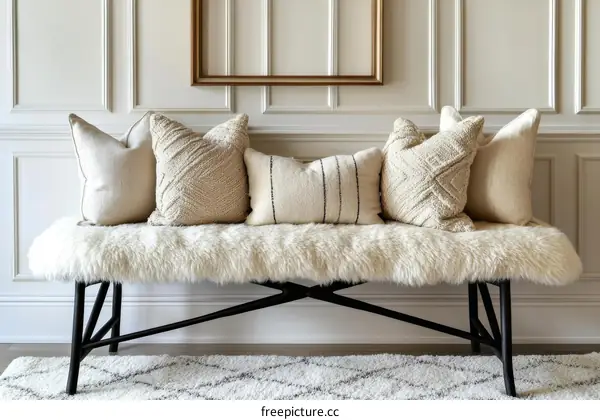 Beige Upholstered Bench with Decorative Pillows