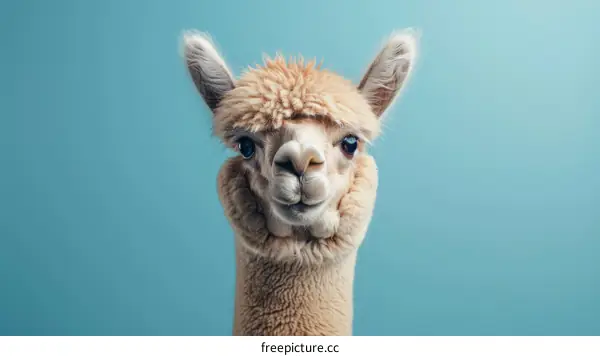 A fluffy llama with blue eyes looking at the camera