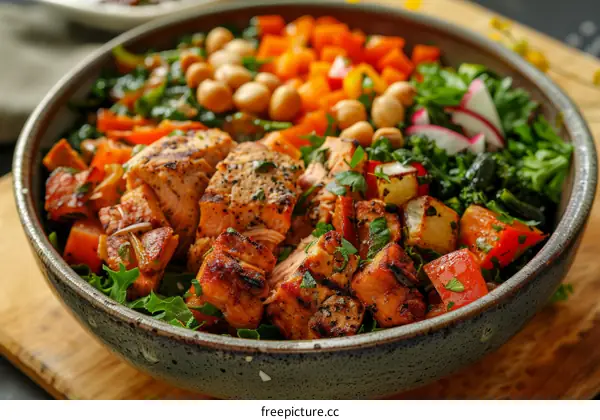 Roasted Salmon Bowl with Sweet Potato, Chickpeas, Kale, and Red Cabbage