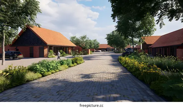 Cobblestone Pathway Through Modern Farmhouse Community