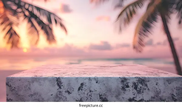 Empty Display Table at Sunset Beach Scene