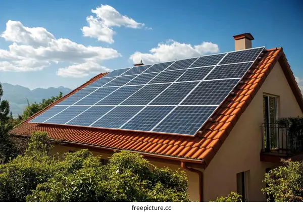 Solar Panels on a House Roof Under a Clear Sky
