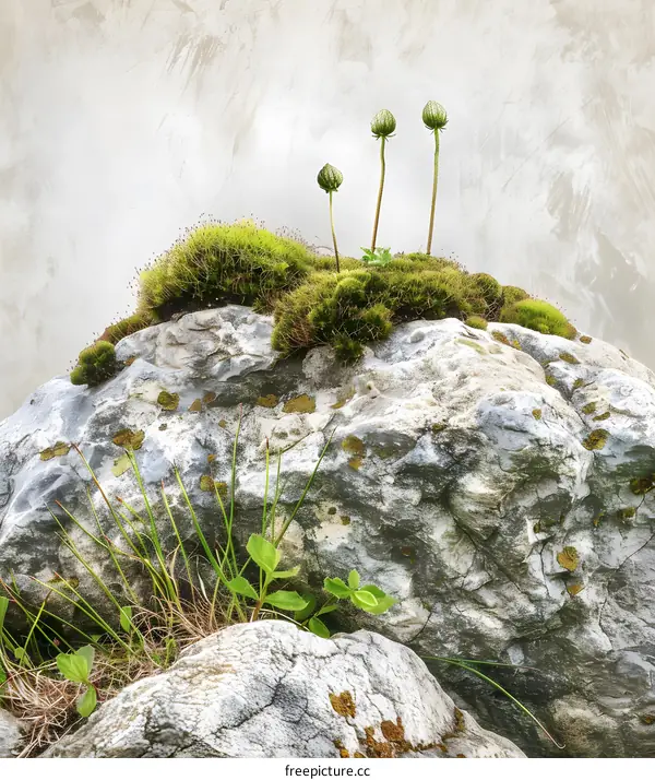 Green Plants Growing On Rock With Grey Background