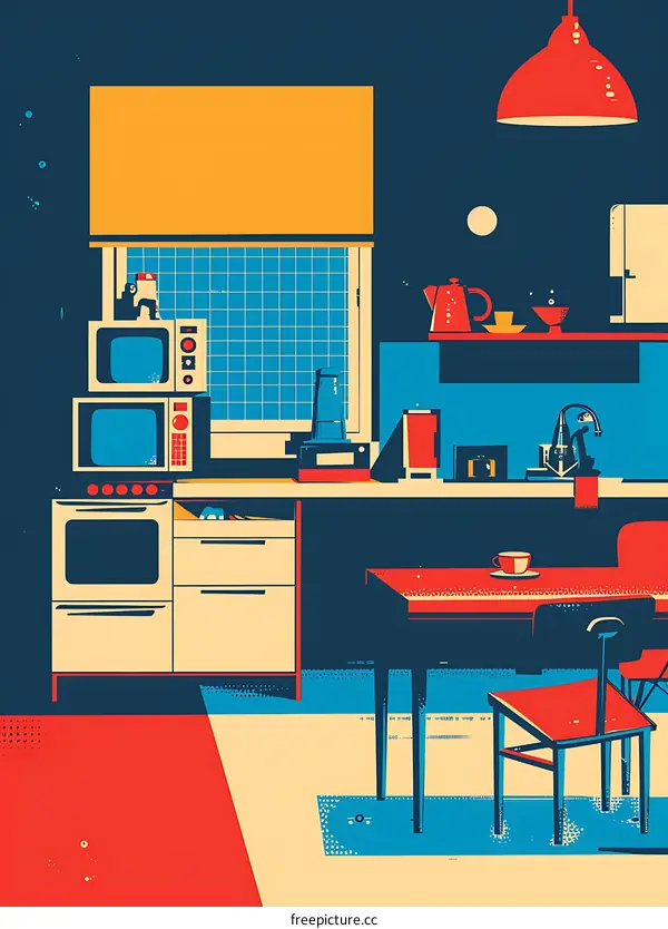 Retro Kitchen Interior Design Illustration with Colorful Elements