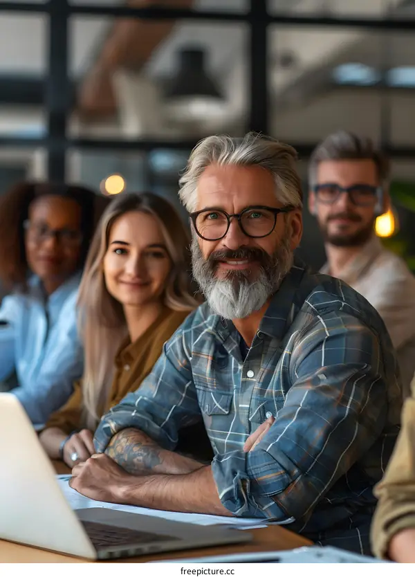 portrait of a smiling businessman with his colleagues in the background