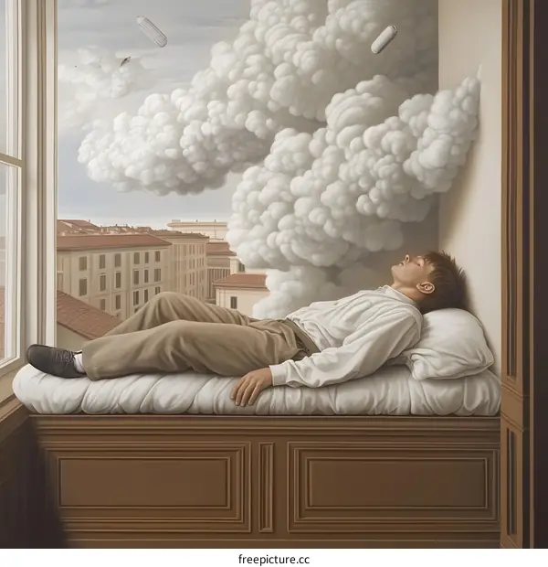 Man Sleeping with Clouds and Cityscape Through Window