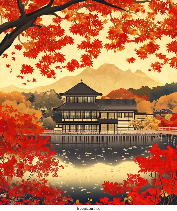 Japanese Traditional Architecture with Red Maple Leaves and Mountain Background