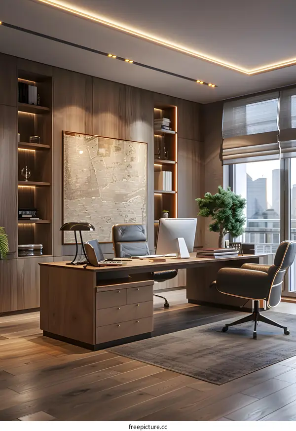 Modern home office interior design with wood paneling and large windows