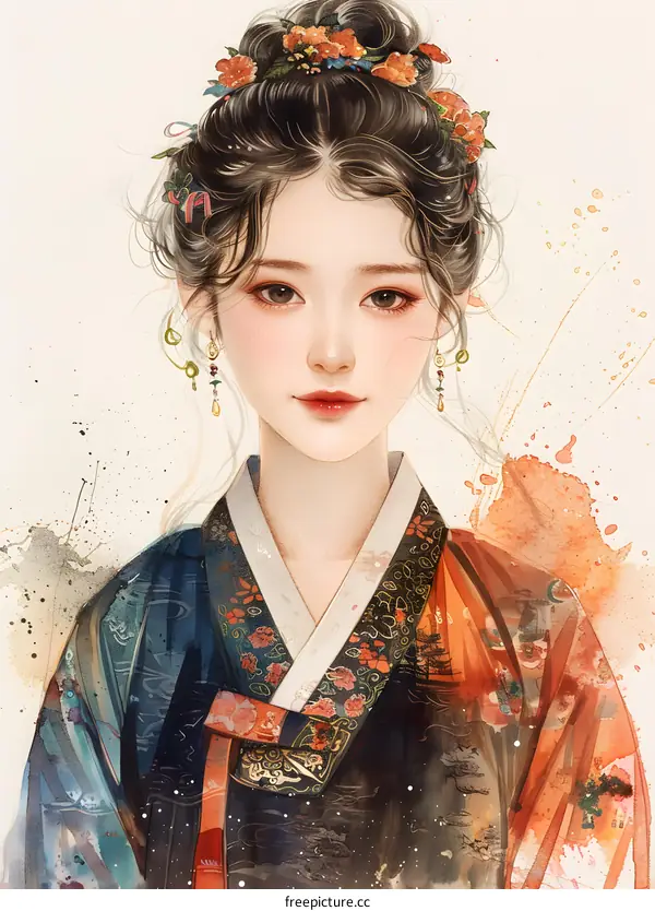 A digital painting of a young woman in a traditional Korean hanbok