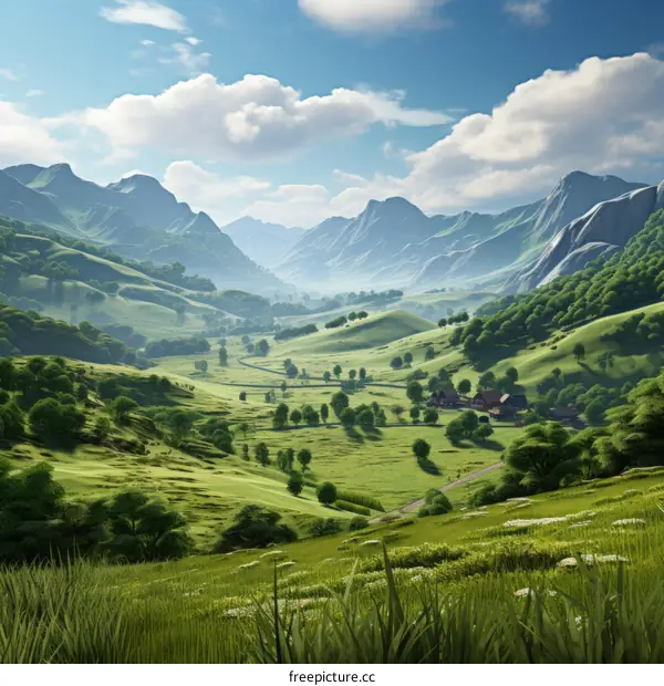 Farmland in a valley between mountains