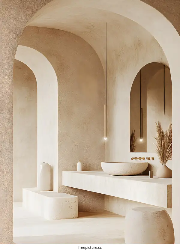 Minimalist Bathroom Interior Design with Arched Walls and a Stone Sink