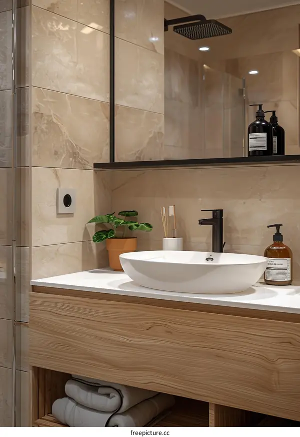 Modern Bathroom Vanity with Beige Tiles