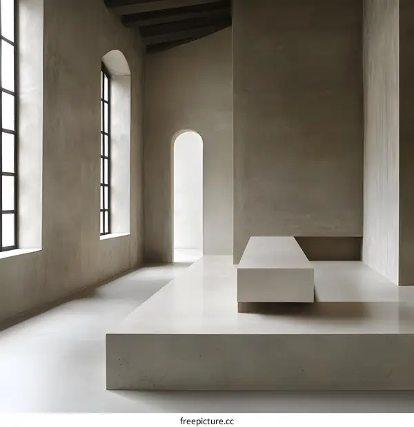 Minimalist Concrete Interior Design with Windows and Arches