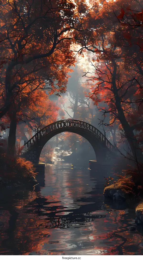fantasy stone bridge in autumn forest with red leaves