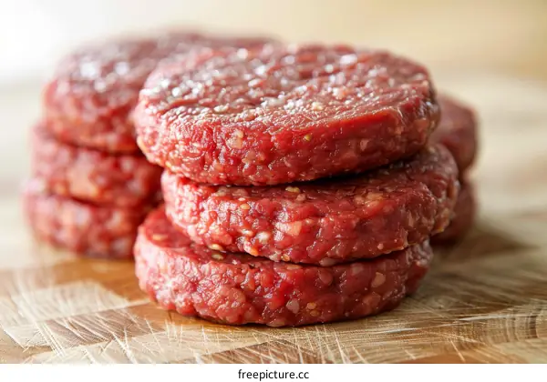 Four raw hamburger patties stacked on a wooden cutting board