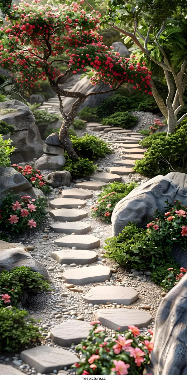Stone path through a Japanese garden