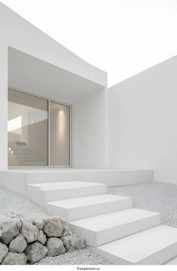 Modern Minimalist White House Exterior With Stone Garden
