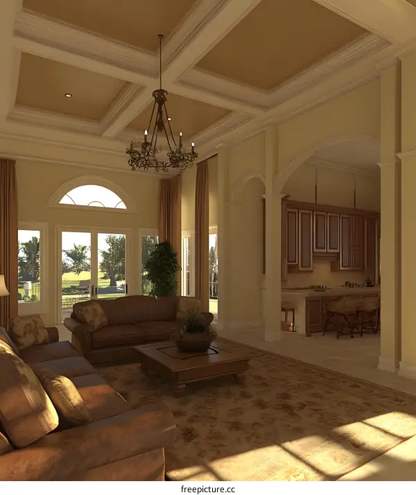 Luxury Living Room Interior Design With Chandelier And Brown Leather Sofa