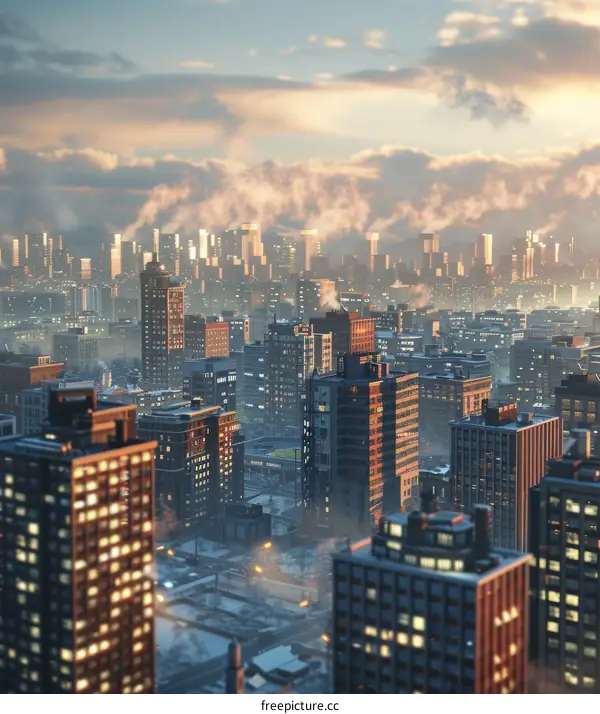 Hustling Bustling City Skyline in Golden Hour Sunset