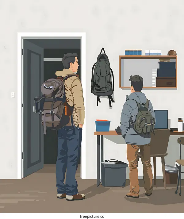 Two Men With Backpacks Standing In A Room