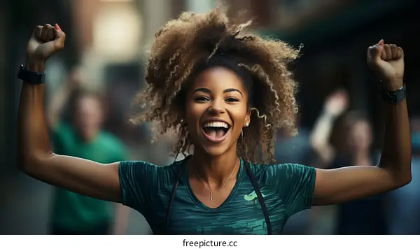 Ecstatic black female runner celebrating her victory in a marathon