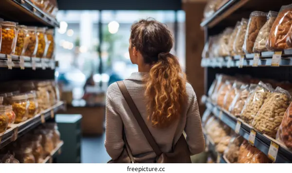 Young woman looking at products in grocery store