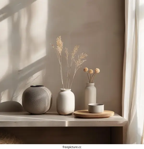 A Still Life of Three Vases and Dried Flowers