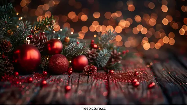 Red and Green Christmas Ornaments on a Wooden Table