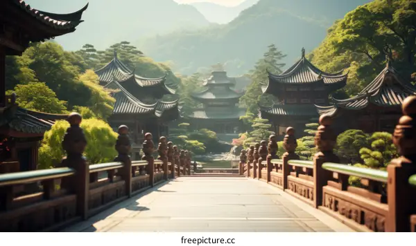 Chinese courtyard with a bridge and a pond
