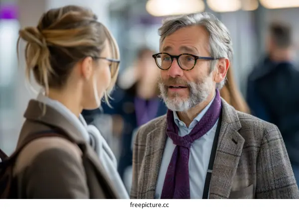 Businessman and businesswoman talking in an airport