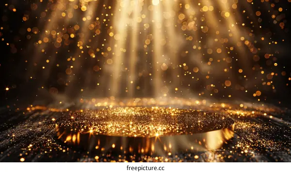 Golden glitter particles awards background with spotlights