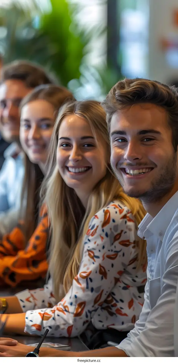 A group of young people are smiling indoors
