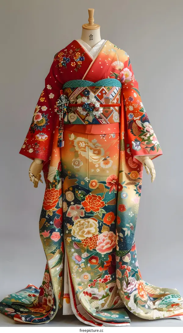 A kimono with a pattern of flowers and birds