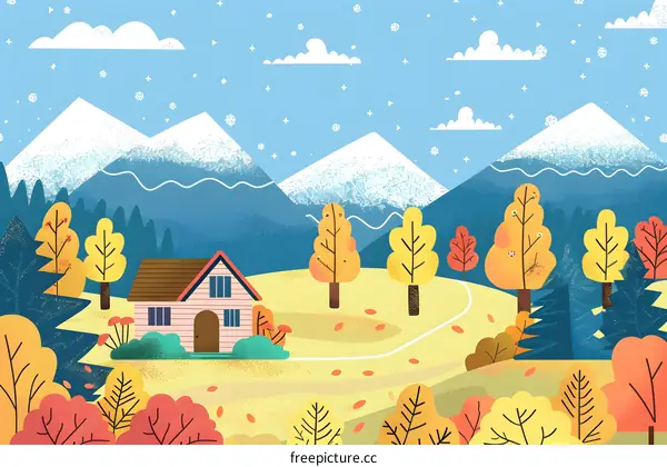 Autumn Mountain Landscape with Cottage