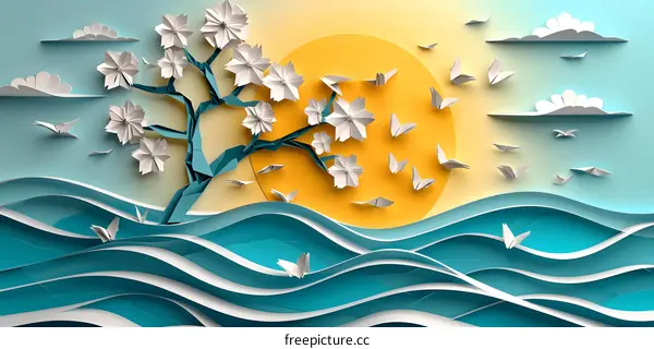 origami paper flowers and butterflies in a blue and yellow seascape