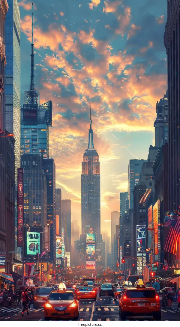 New York City Skyline at Sunset with Cars and People