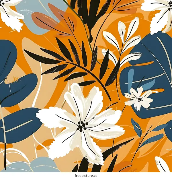 Abstract Seamless Floral Pattern with Orange Background