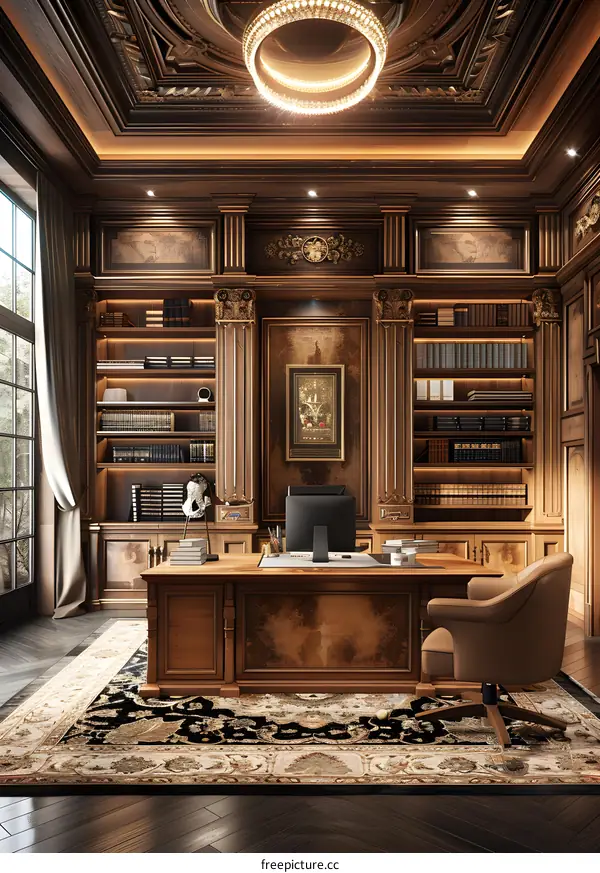 Luxurious wooden home office with large windows
