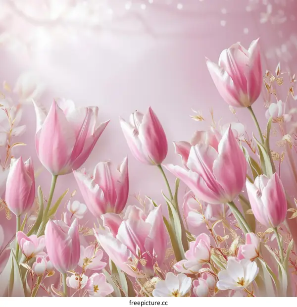 Pink tulips with white and yellow flowers