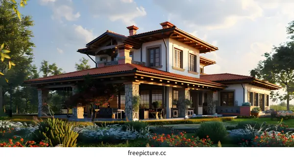 European house exterior with beautiful landscape