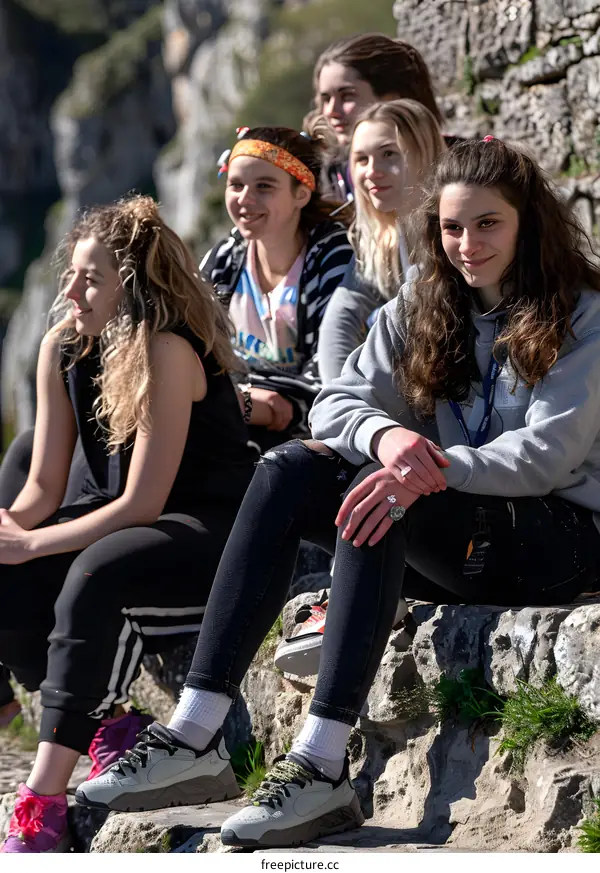 Group of Young Women Sitting on a Stone Wall in Nature
