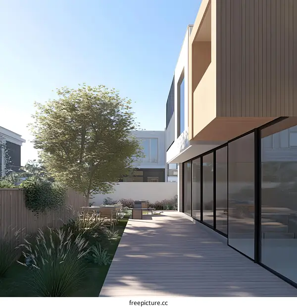 Modern Home Exterior with Wooden Deck and Large Windows