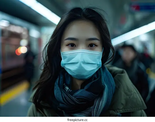 Portrait of a young woman wearing a mask in a subway station